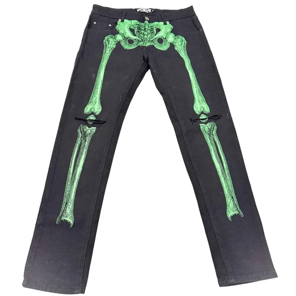 Kreepsville 66 Skeleton Printed Graphic Pocket Green Stitched Denim Jean Size 36